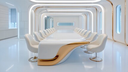 Futuristic dining, centered table looking like melting silver liquid, white walls, cold light, sci fi accent, pristine
