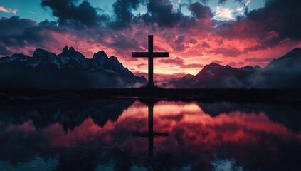 Christian cross silhouette against a vibrant sunset sky and mountain landscape, reflected in a serene lake, representing faith and hope.