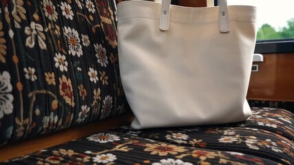 Zero waste travel bag on vintage floral seat in train with natural light and green scenery, promoting sustainable journey and eco friendly lifestyle for conscious traveler, minimalist design