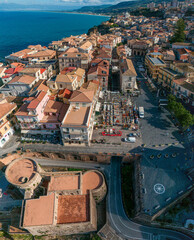 Aerial view of Pizzo Calabro, pier, castle, Calabria, tourism Italy. Panoramic view of the small town of Pizzo Calabro by the sea. Houses on the rock. On the cliff stands the Murat Aragonese castle