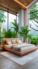 Jungle glam bedroom, centered low platform bed with rich linens, tall window view of tropical rain and greenery, cozy safe atmosphere, dark mood