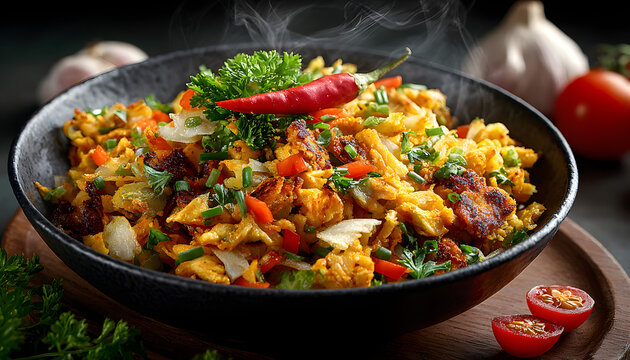 Hot Kottu Roti dish in black bowl with parsley, red chili. Sri Lankan cuisine with chopped roti, vegetables, spices. Ingredients like garlic, tomato, chili pepper around. Spicy food, culinary,
