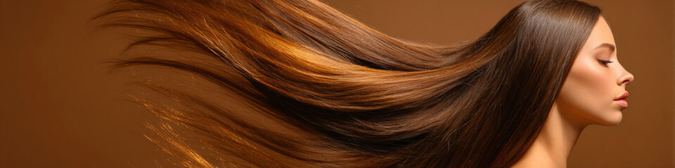 Fototapeta premium A beautiful woman with long flowing brown hair against a warm brown background