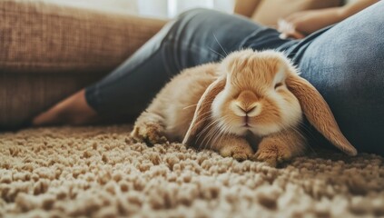 Adorable fluffy brown lop-eared bunny rabbit peacefully resting on a soft cozy carpet next to a person's legs at home, a charming pet portrait.