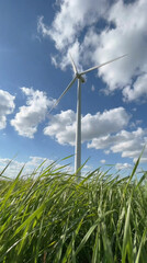 Wind turbine in green field under cloudy sky on a sunny day