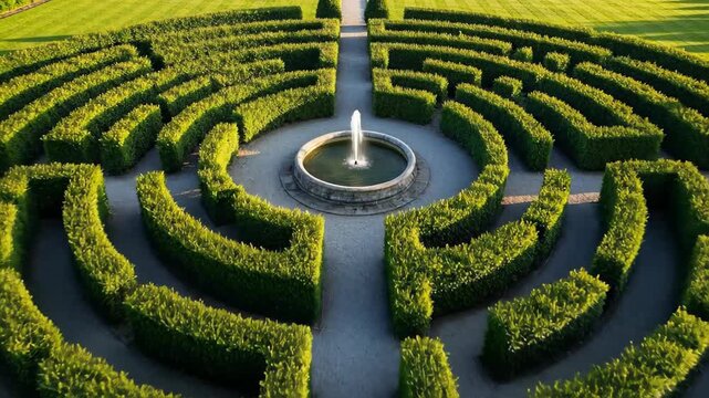Aerial view of a circular hedge maze with a central fountain in a manicured garden.