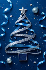 Sparkling Blue Christmas Tree Ribbon Decoration silver