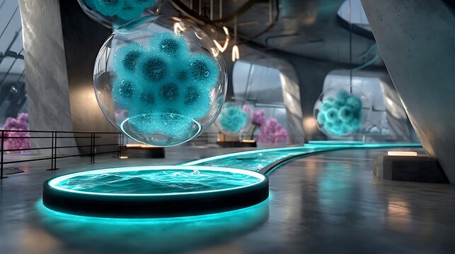 Futuristic Laboratory with Glowing DNA Spheres in Sci-Fi Research Facility - Powered by Adobe