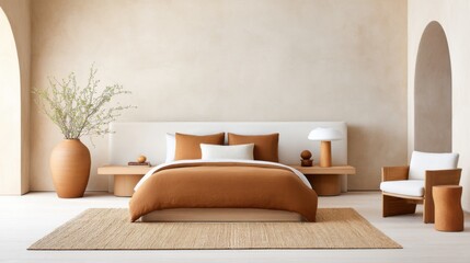 Monochromatic terracotta bedroom, clay plastered walls, rustcolored linen bedding, large textured wool rug, warm sculptural ceramic lamps, earthy