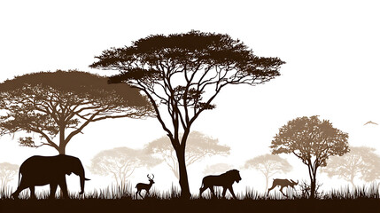 Naklejka premium African Wildlife Silhouette with Trees and Animals