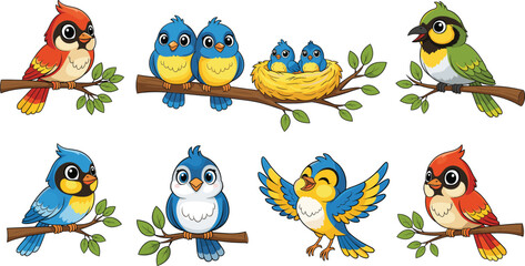 Fototapeta premium Cute cartoon bird vector set with colorful songbirds nests branches and adorable woodland characters