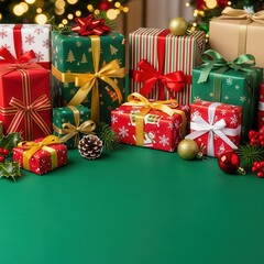 Vibrant collection of wrapped christmas gifts on green table with bokeh