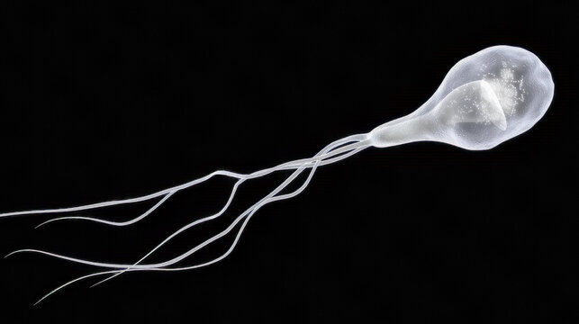 Microorganism glides under microscope, Tiny flagellated cell navigates darkness scientifically