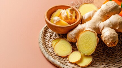 Fresh Ginger Root and Slices Arranged on a Rustic Bamboo Tray