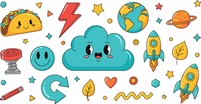 Cute cartoon doodle vector set with cloud rocket planet icons playful colorful fun elements