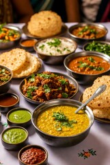 Festive table with traditional Indian cuisine dishes &mdash; ai