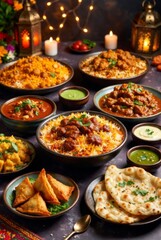 Festive table with traditional Indian cuisine dishes &mdash; ai
