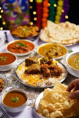 Festive table with traditional Indian cuisine dishes &mdash; ai