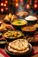 Festive table with traditional Indian cuisine dishes &mdash; ai