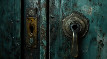 Aged, weathered teal doors with antique brass hardware. Close-up view of a keyhole and door handle