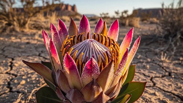 Exotic pink protea flower unfurls its complex structure in an arid landscape at dawn