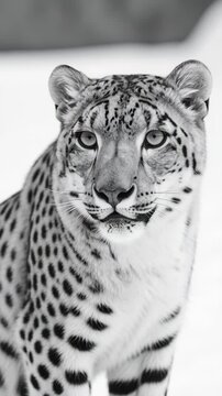 Elegant portrait of a snow leopard's face, showcasing its distinctive spotted fur pattern and piercing gaze in a natural environment.