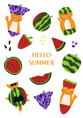 Summer vector illustration with ginger cats, watermelon slices, strawberries and grapes. Design for children's posters, greeting cards, seasonal prints, nursery decor and summer party