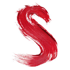 Bold, red painted capital letter "S" isolated on a transparent background, stroke-like texture
