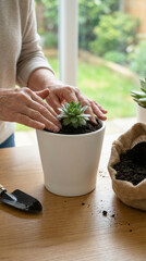 Gardening concept with hands planting succulent in white pot for home decor and relaxation