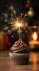 Chocolate cupcake with sparkler for festive birthday celebration