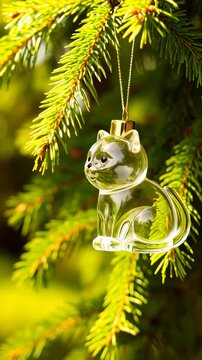 A clear glass kitten ornament hangs on a vibrant green Christmas tree branch with gold string and a decorative festive seasonal holiday scene.