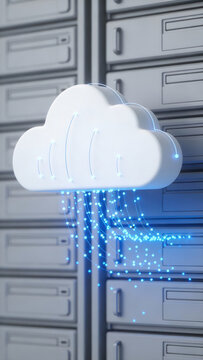 Cloud computing concept with digital data streaming in modern server room environment