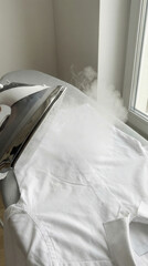 Steam ironing white shirt on board for crisp look by window