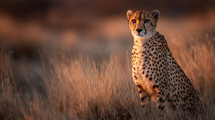 Cheetah sitting in dry grass at sunset wild animal