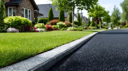 Neat asphalt driveway edge features a concrete curb, decorative glass mulch strip, perfectly manicured green lawn, and suburban background.