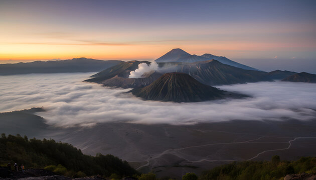 The view of the sunrise and sunset shining on the peak of Mount Bromo in Indonesia with a panorama of clouds and reflections of the lake water creating a beautiful natural landscape of misty mountains - Powered by Adobe