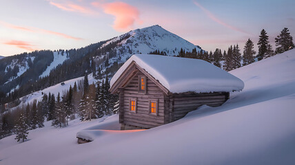 Cozy mountain cabin nestled in a snowy landscape at dusk