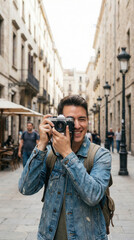 Urban exploration with smiling photographer in a historic european city street