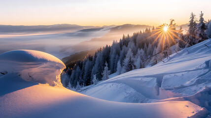 Serene sunrise over snow-capped mountain peaks