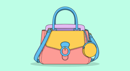 Illustration of a colorful handbag with shoulder strap.