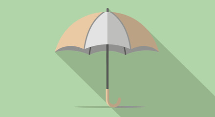 A flat design illustration of an open umbrella on a green background.