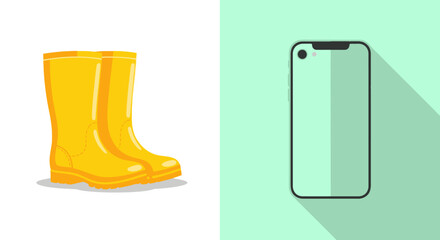 Yellow rubber boots and a smartphone depicted in a flat design style.