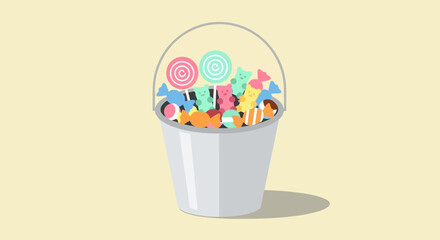 Bucket full of colorful sweets and candies