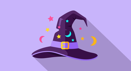 Cartoon witch hat with stars and moon on purple background
