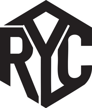Black ryc logo on white background, modern geometric design, abstract lettering with symbol and mark and typography and style and graphic and element