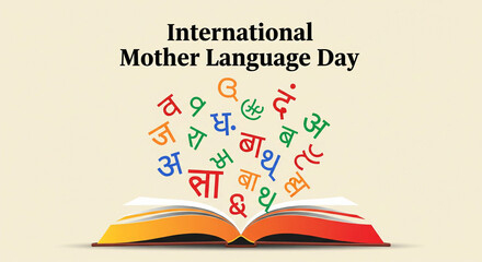 Open book with colorful floating letters celebrating International Mother Language Day