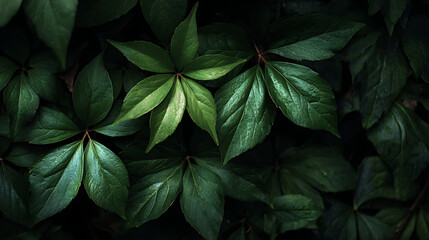 Close-up of dark green leaves with dew drops foliage