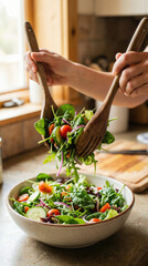 Fresh vegetable salad preparation in rustic kitchen setting