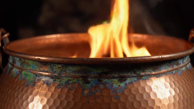 Intense orange flames dance within a tarnished antique copper bowl, emitting captivating warmth