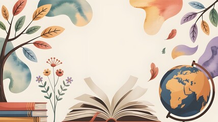 Educational background Watercolor Learning Journey Books Globe and Nature's Wisdom